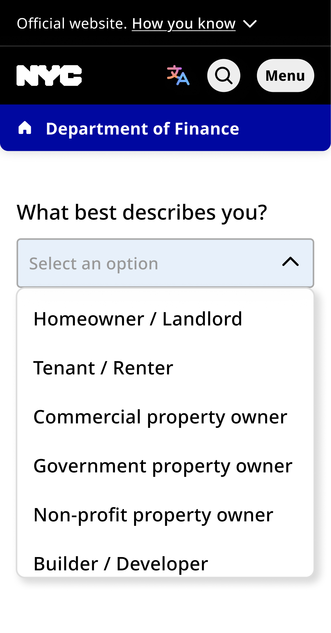 NYC App with a heading the reads; what best describes you? Below this is a drop-down select component with six options visible.